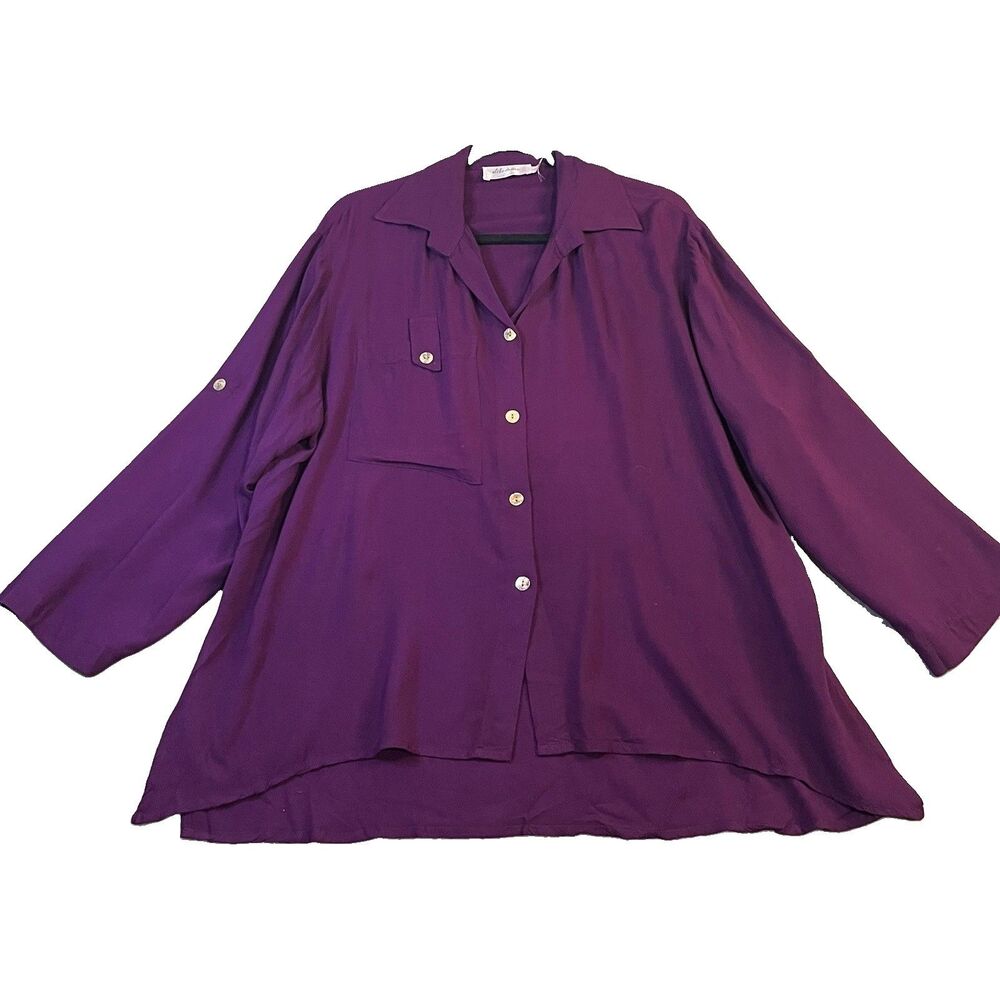 Dilemma Dhun Shroff Purple Button Up Roll Tab Top Shirt Womens Size XL Rayon